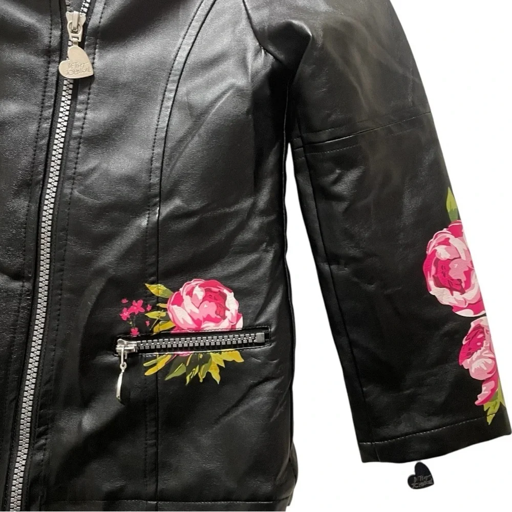 Betsey Johnson EUC Girls size 7/8 adorable faux leather moto jacket fleece lined